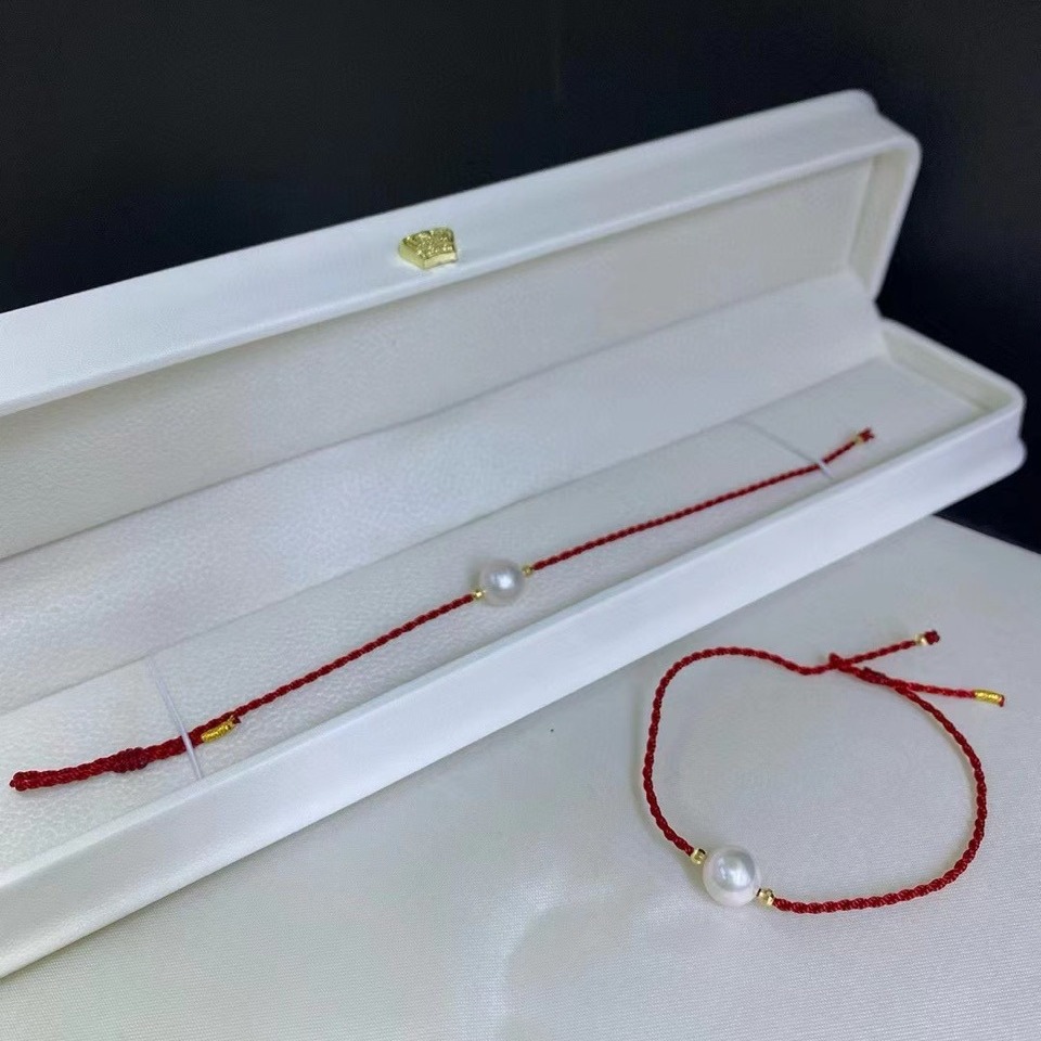 t然珍珠手链路路通红绳可调节手绳 8-9mm正圆珍珠手环手镯带礼盒