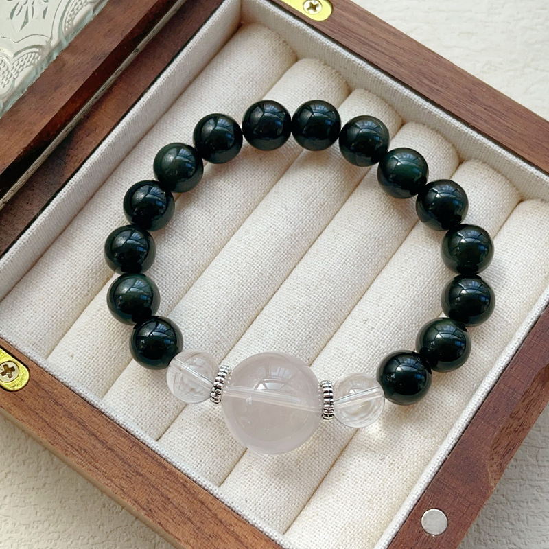 大颗粒白水晶 黑曜石 彩曜石情侣手链古风手串小众设计简约-阿里巴巴