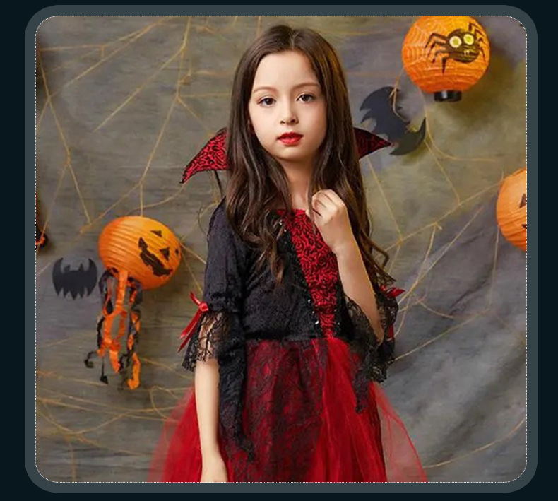 万圣节儿童网纱吸血鬼公主裙礼服女童鬼衣服恐怖吸血鬼披风演出服
