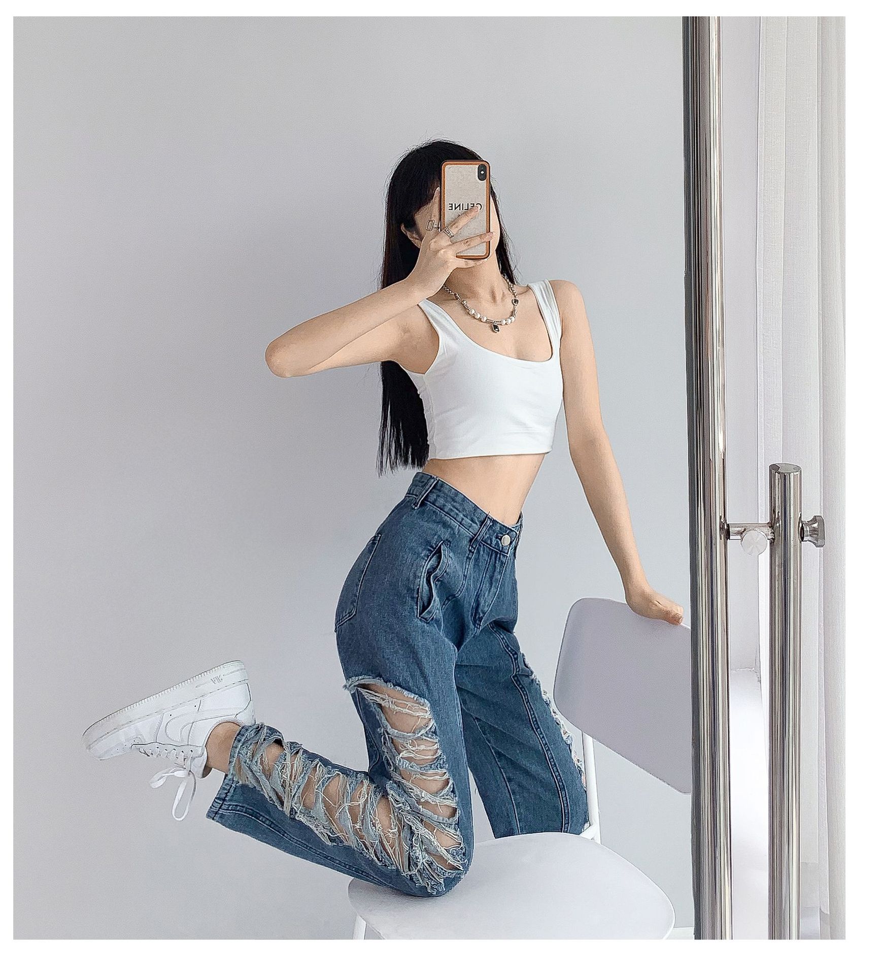 American Style Hot Girl Ripped Jeans Women's Autumn New Design Sense Wide-Leg Pants High Street Straight Pants Fashion