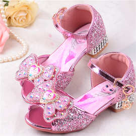 女童公主鞋儿童高跟鞋小女孩凉鞋中大童软底防滑鞋子爱莎水晶童鞋