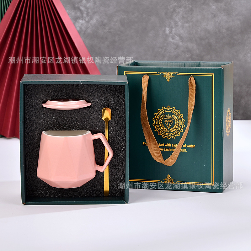 Diamond Ceramic Cup European-Style Mug Logo Gift with Spoon Advertising Cup Wedding Gold Jewelry Gift