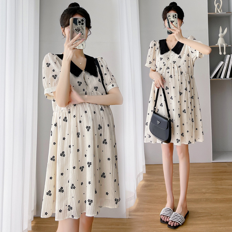 孕妇装潮妈2022夏款连衣裙韩版宽松中长款娃娃领雪纺碎花裙子夏天
