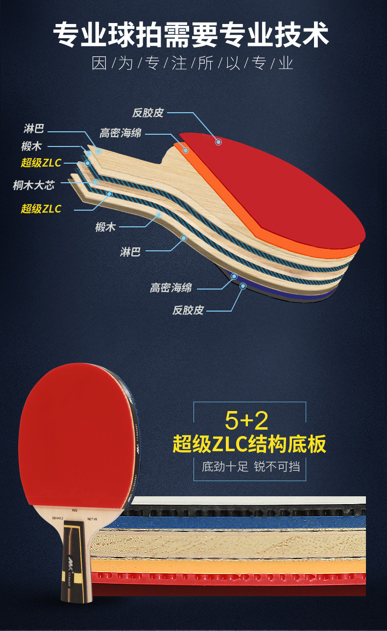超级zlc乒乓球拍 mk兵乓球拍 单拍送拍包双面反胶7层底板加工定制