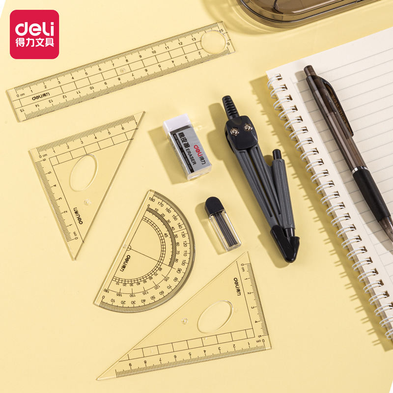Deli 9591 Stationery Ruler Painting Compasses Set with Scale Student Compasses Ruler Set Large Compasses Wholesale