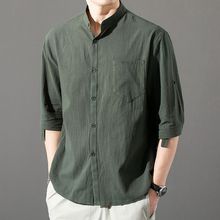 夏季短袖棉麻衬衫七分袖纯色宽松休闲透气唐装中国风百搭衬衫T恤
