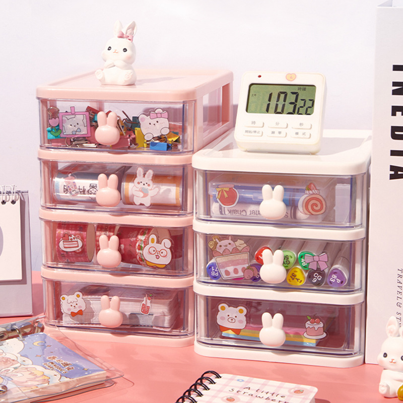 Cartoon Desktop storage Box Transparent Small Drawer Desk Plastic Mini Storage Box Rabbit Stationery Storage Box