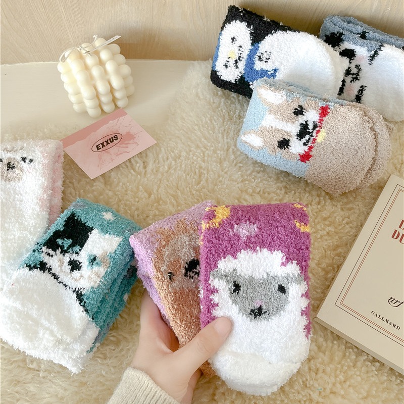 Coral Fleece Socks Female Cartoon Cute Animal Room Socks Winter Fleece Lined Padded Warm Keeping Sleeping Socks Female Middle Tube Socks