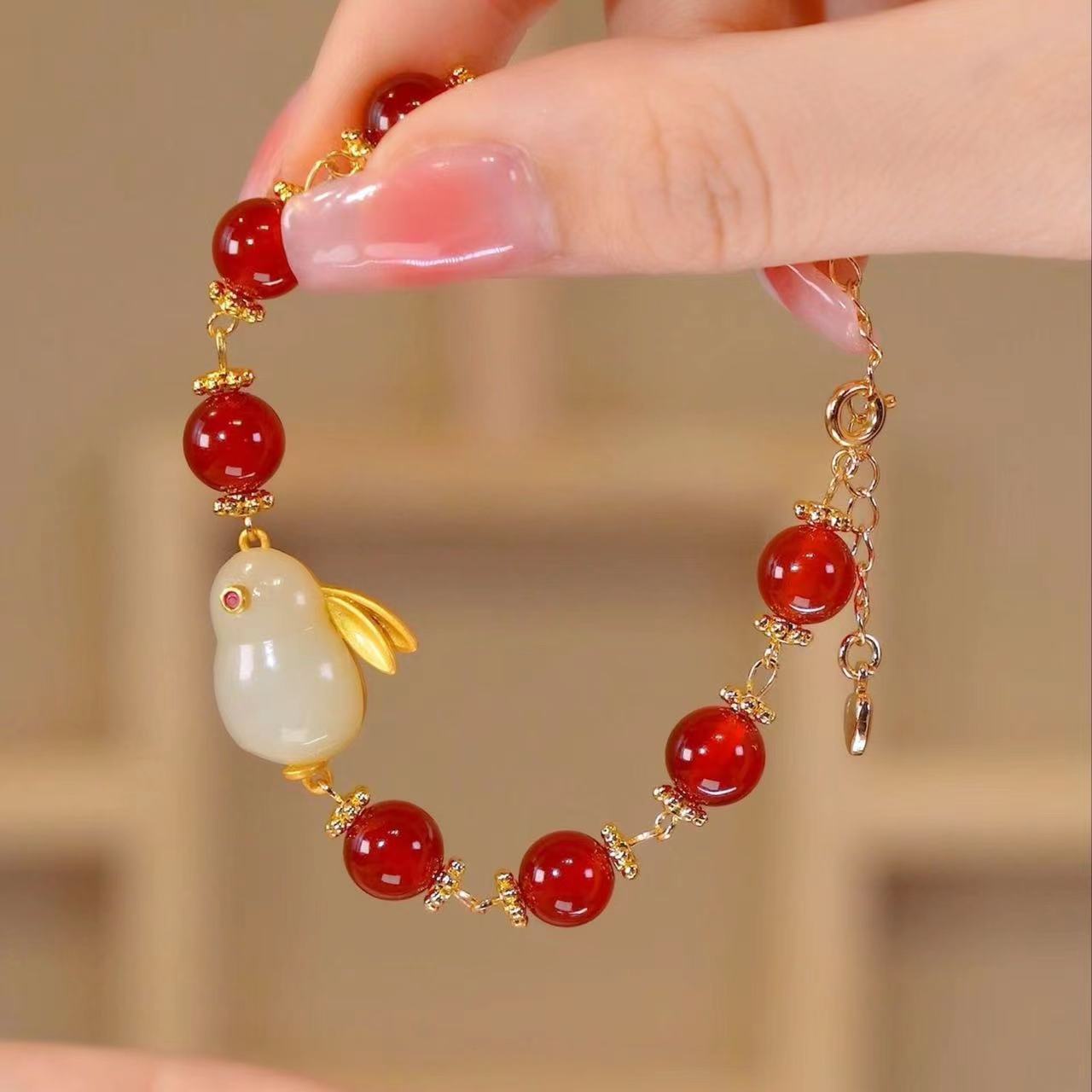 Hetian Jade NAFU Jade Hare Bracelet Girl's National Fashion Ancient Style Chinese Zodiac Sign of Rabbit Internet Celebrity Carrying Strap Red Bean Agate Gift