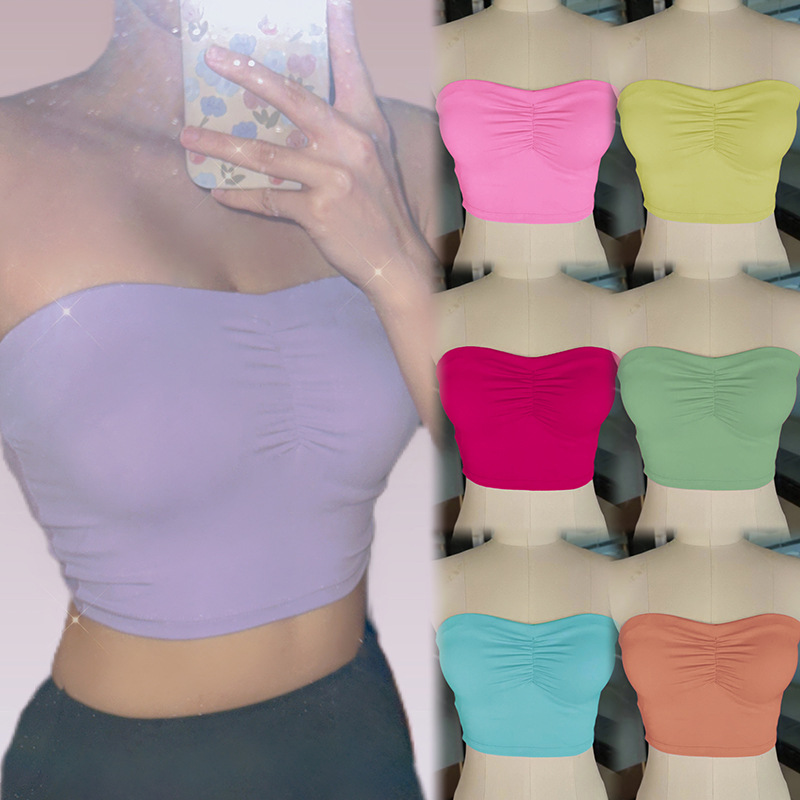 In Stock European and American Nude Feel Tight Yoga Underwear Women's Summer Sexy Basic Sports Tube Top Candy Color Shockproof Push-up Luck