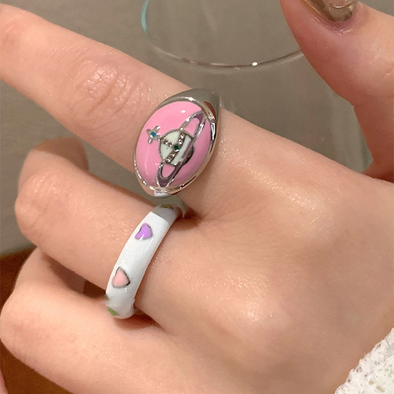 Sweet Dopamine Dripping Planet Strawberry Lovely Ring Creative Design Index Finger Ring All-Match Girl Heart Bracelet