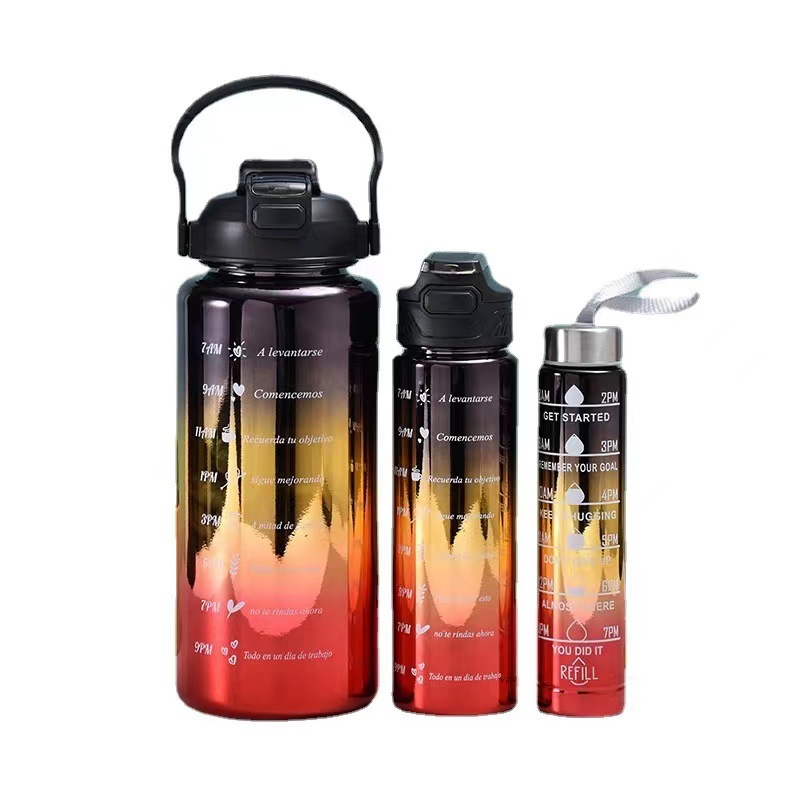 Gradient Drinking Cup Straw Cup with Scale Plastic Cup Electroplating Three-Piece Set Large Capacity Sports Kettle Cup Set Sports Bottle