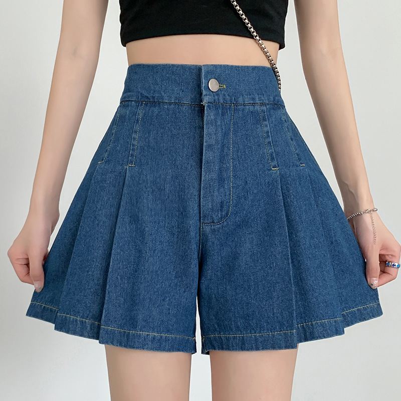 Women's plus Size 100.00kg Denim Washed Shorts Summer A- line Wide Leg Wide Elastic High Waist Hot Pants for Female Students