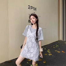 韩风chic灰色短袖T恤女夏季叠穿镂空蕾丝网纱吊带连衣裙时尚套装