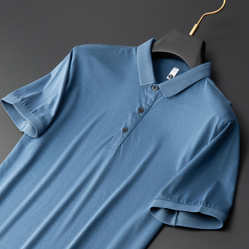 男士高端免烫天蚕丝短袖t恤夏天超薄冰丝棉纯色商务型polo衫男款