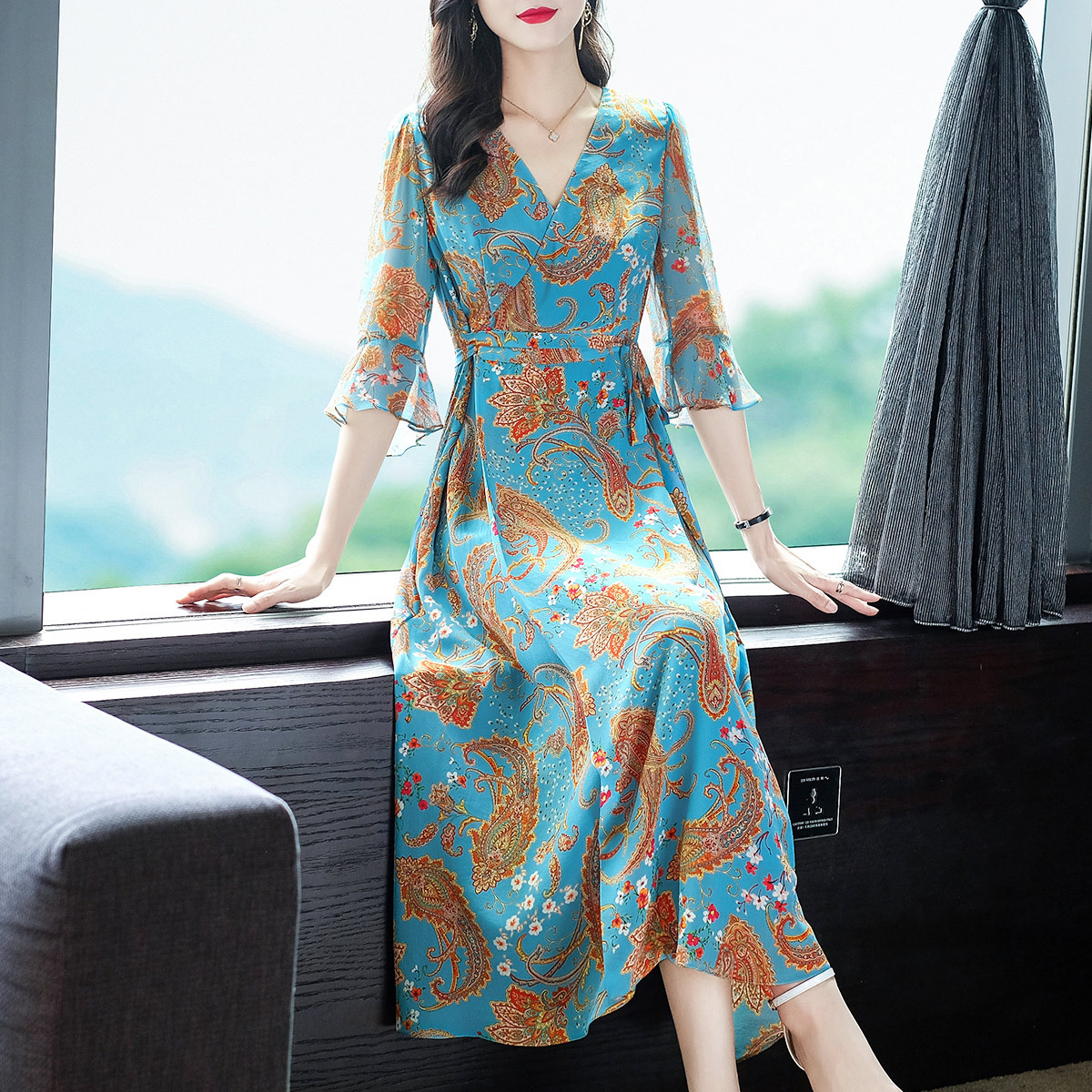 69253原创设计桑蚕丝系带蓝色腰果花长裙真丝连衣裙南油高端女装