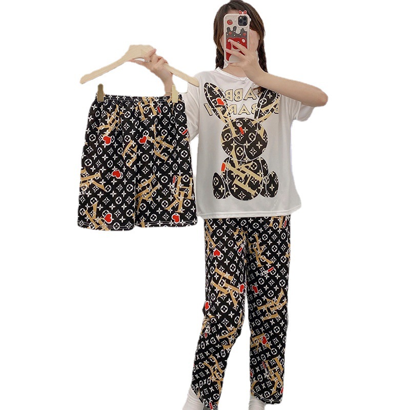 Middle East Foreign Trade Cross-Border Direct Supply Southeast Asia Pajamas Three-Piece Women's Summer Suit Short Sleeve Shorts Trousers Home Wear