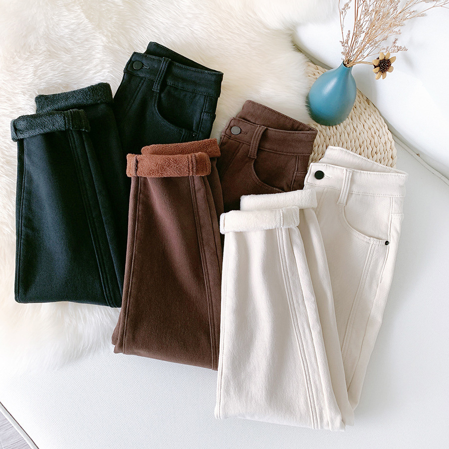 加绒牛仔裤女复古修身哈伦九分裤百搭烟管裤冬季保暖女裤