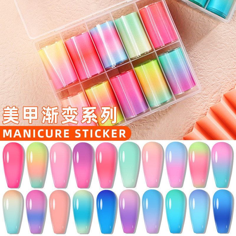 Cross-Border New Arrival Nail Beauty Transfer Paper Fluorescent Candy Color Colorful Gradient Starry Sky Nail Printed Sticker Full Set