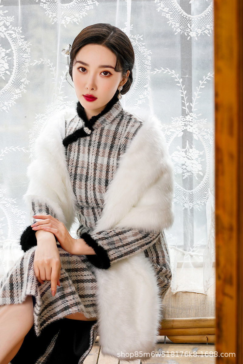 复古名媛风秋冬旗袍披肩写真拍照坎肩披风新娘婚纱礼服长条毛披肩