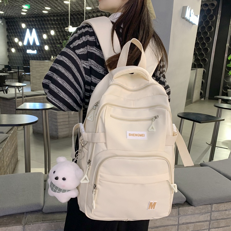 2023 New Solid Color Nylon Schoolbag Female College Student Large Capacity Junior High School Backpack High School Student Computer Backpack