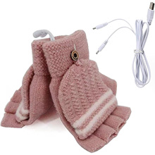 跨境USB加热手套翻盖手套电热保暖手套充电手套针织半指发热手套