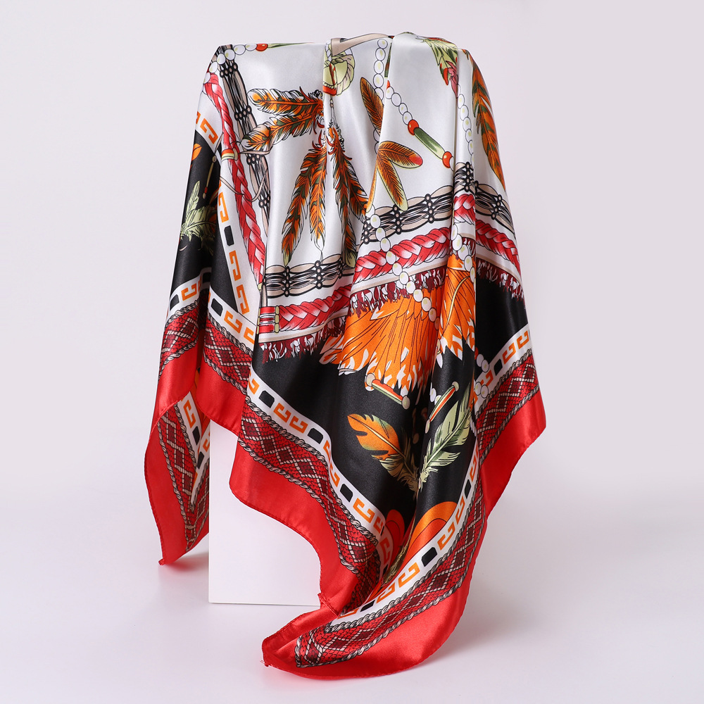 Ethnic Print Silk Scarf Women's Chain Feather Multi-Color Scarf 90cm Large Kerchief Artificial Silk Sunscreen Scarf