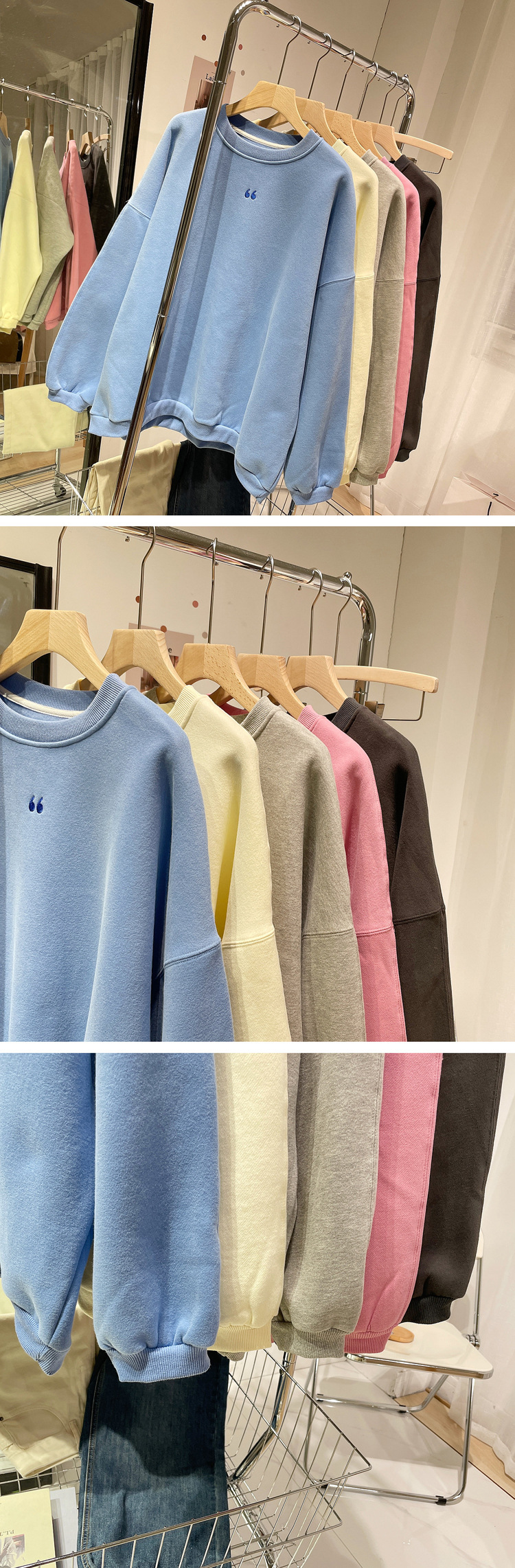 韩版大码女装圆领中长款刺绣逗号加绒卫衣温暖粉色长袖学生外套潮