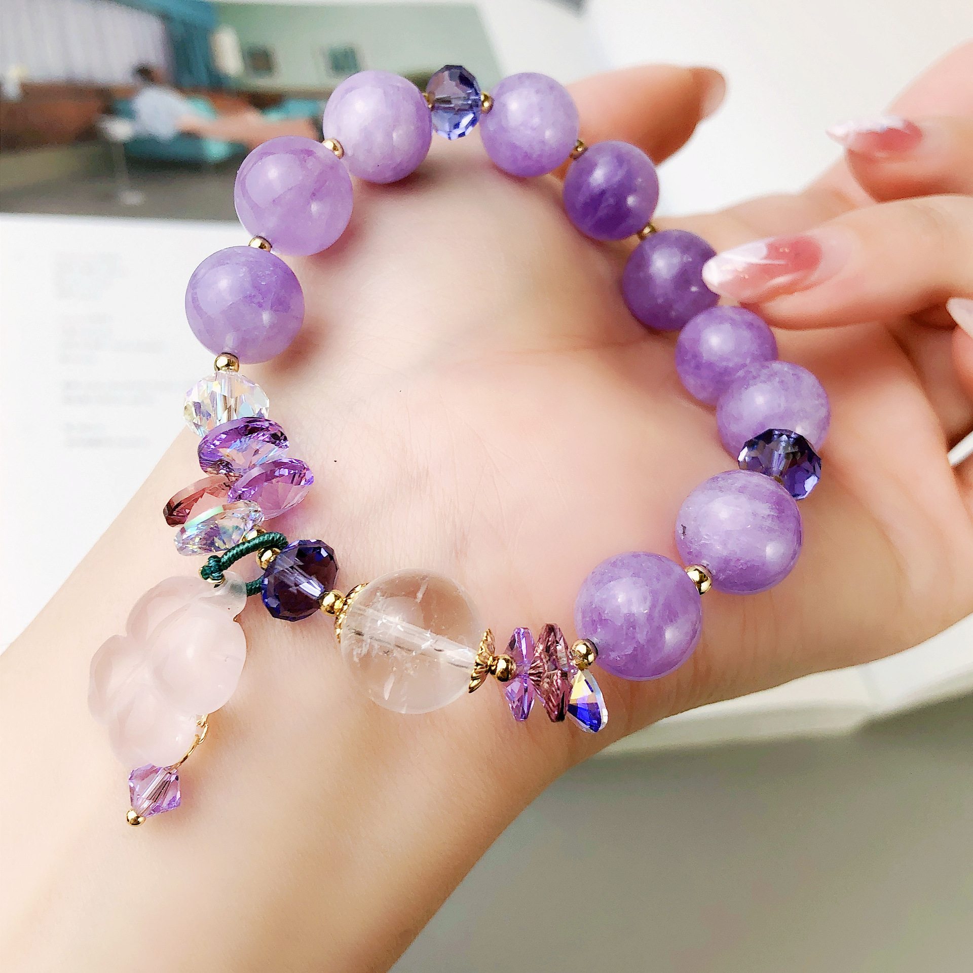 甜美气质薰衣草紫晶手链单圈白水晶粉晶四叶草奥地利水晶手串礼品