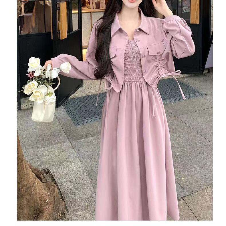 大码初秋法式吊带长裙外搭开衫感胖mm气质小众显瘦连衣裙套装