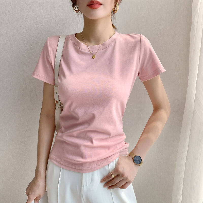 高弹力纯棉t恤女 短袖2024夏季打底正肩圆领简约女式上衣体恤衫