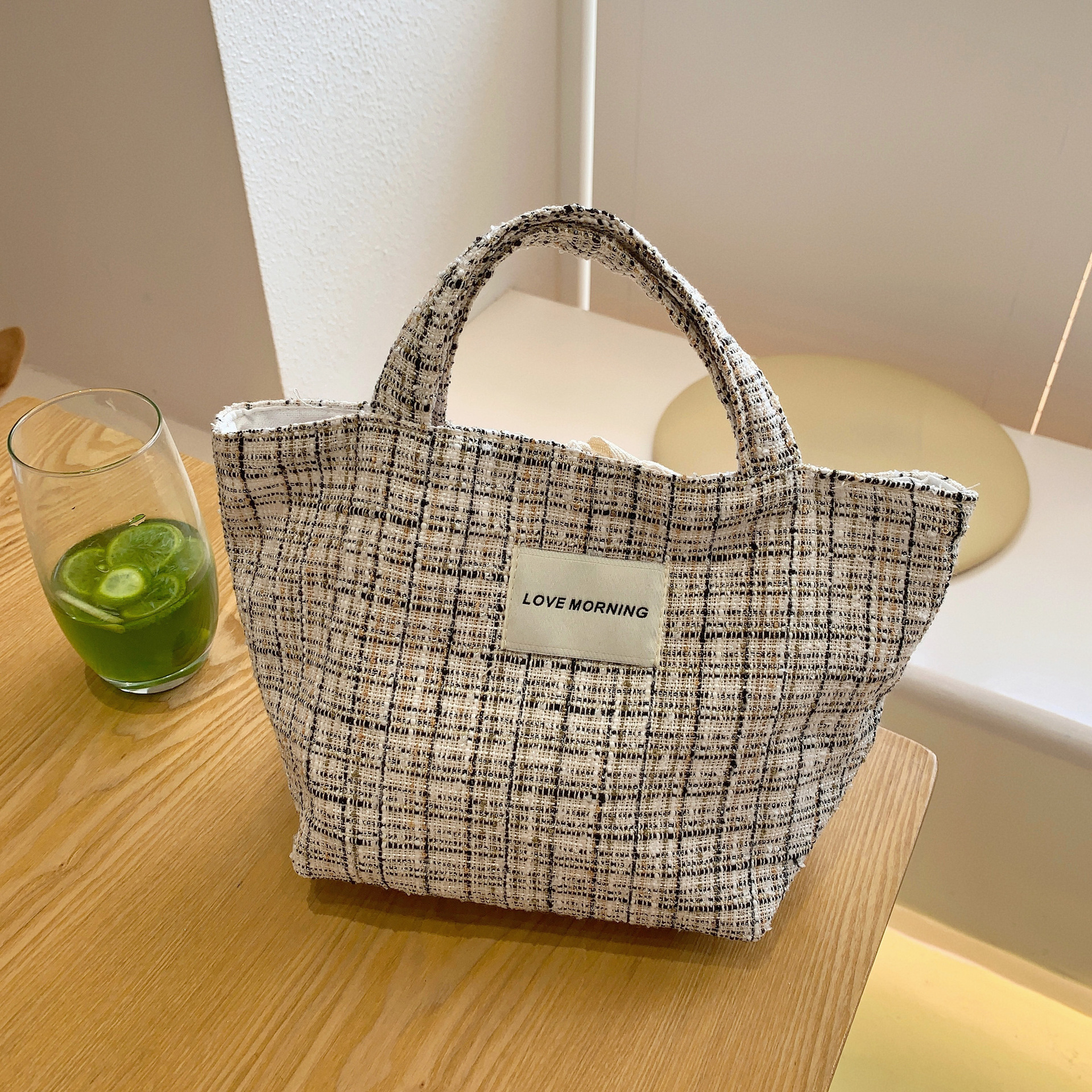 韩国小香风格纹手提包手拎休闲时尚妈咪包简约百搭新款饭盒便当包