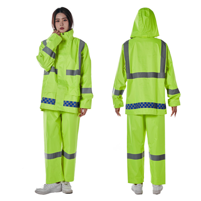 300D Oxford Cloth Fluorescent Yellow Split Raincoat Outdoor Traffic Duty Raincoat Suit Double-Layer Reflective Raincoat Pu