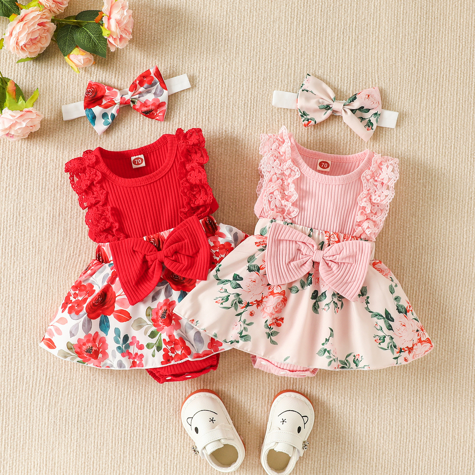 Amazon European and American Summer Infant Children's Suit Pit Lace Stitching Flowers Full Printed One-Piece Romper in Stock Baby Clothes