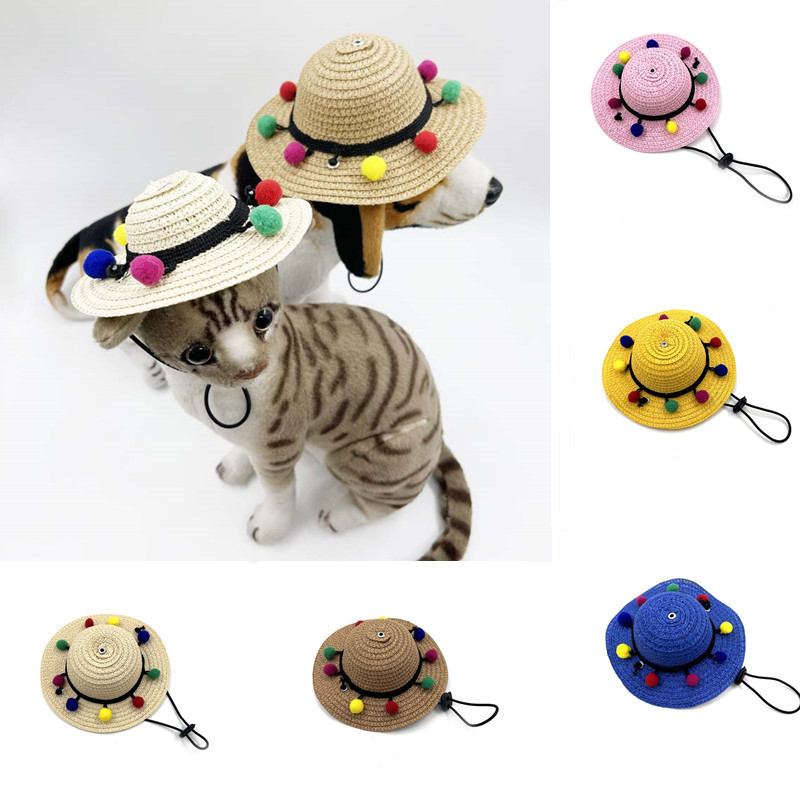 Cross-Border Dog Cat Pet Christmas Hat Cute Fur Ball Straw Hat Holiday Mexican Party Decorations Funny