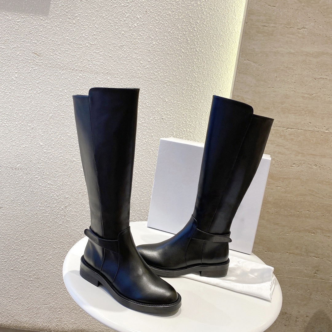 欧美外贸真皮直筒靴牛皮马丁靴皮带扣低跟时尚女鞋套筒高靴子