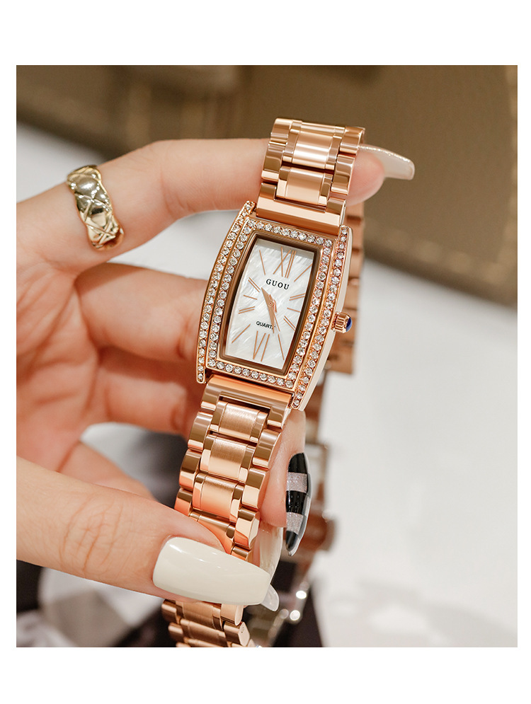古欧guou女表酒桶形时尚简约钢皮带女表防水石英女款水钻女士手表