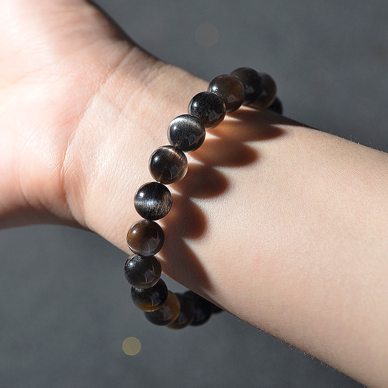 天然黑太阳石单圈手链黑星光黑月光石手串黑骨干水晶猫眼效应