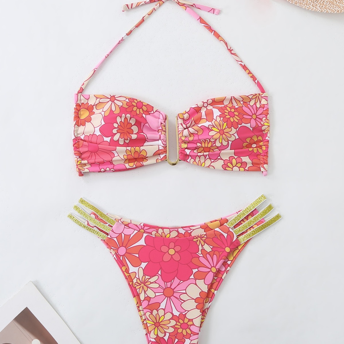 欧美泳衣女性感数码印花跨境外贸亚马逊分体系绳露背比基尼泳装款