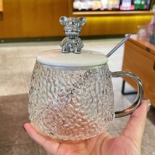 小熊马克玻璃水杯冰川泡茶杯家用花茶杯耐热玻璃锤纹把杯ins批发