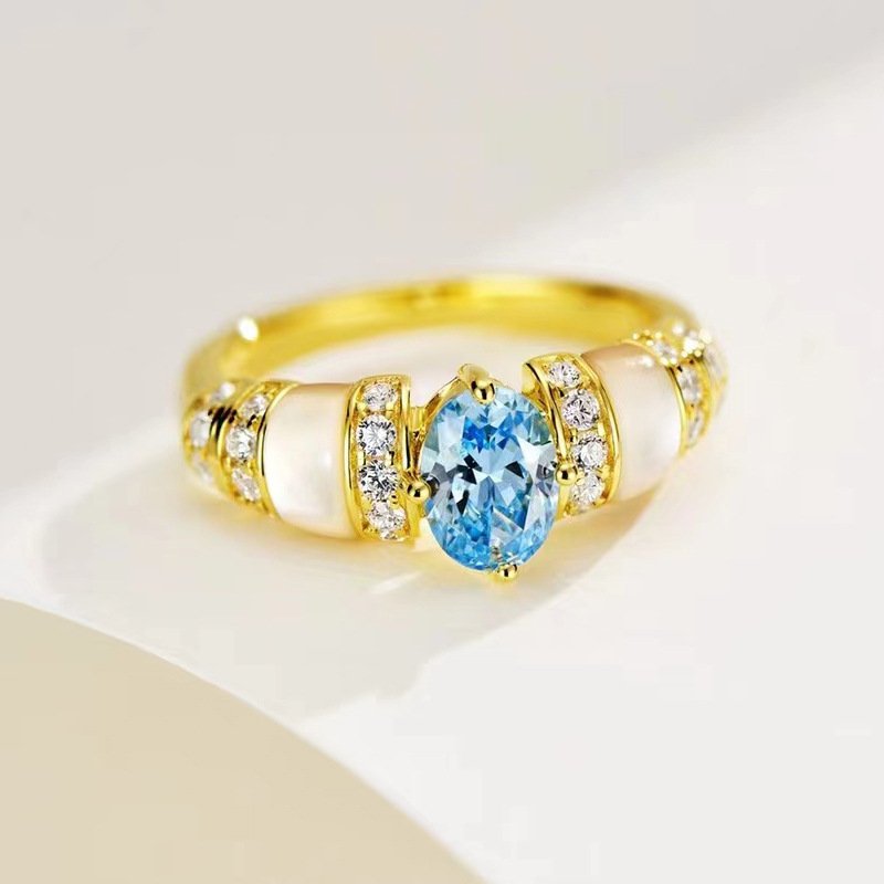 海蓝宝白贝母戒指新款爆款女925银镀金碎钻仿真彩宝复古钻戒高级