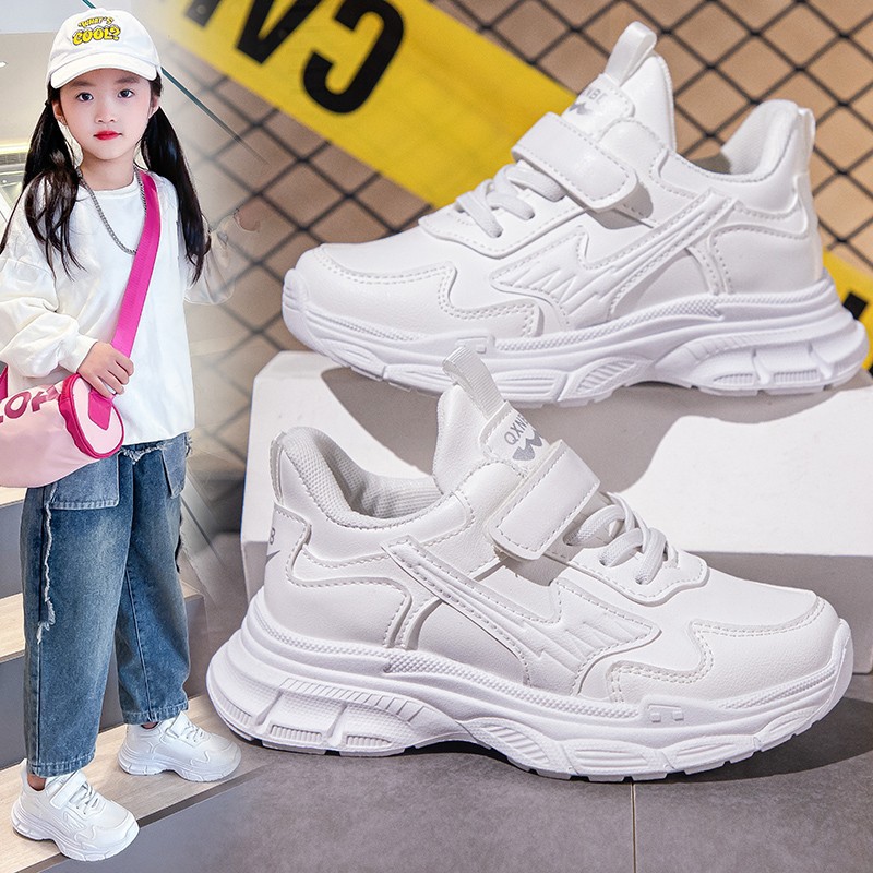 男童小白鞋皮面女童白色运动鞋童春季幼儿园演出中大童儿童网鞋子