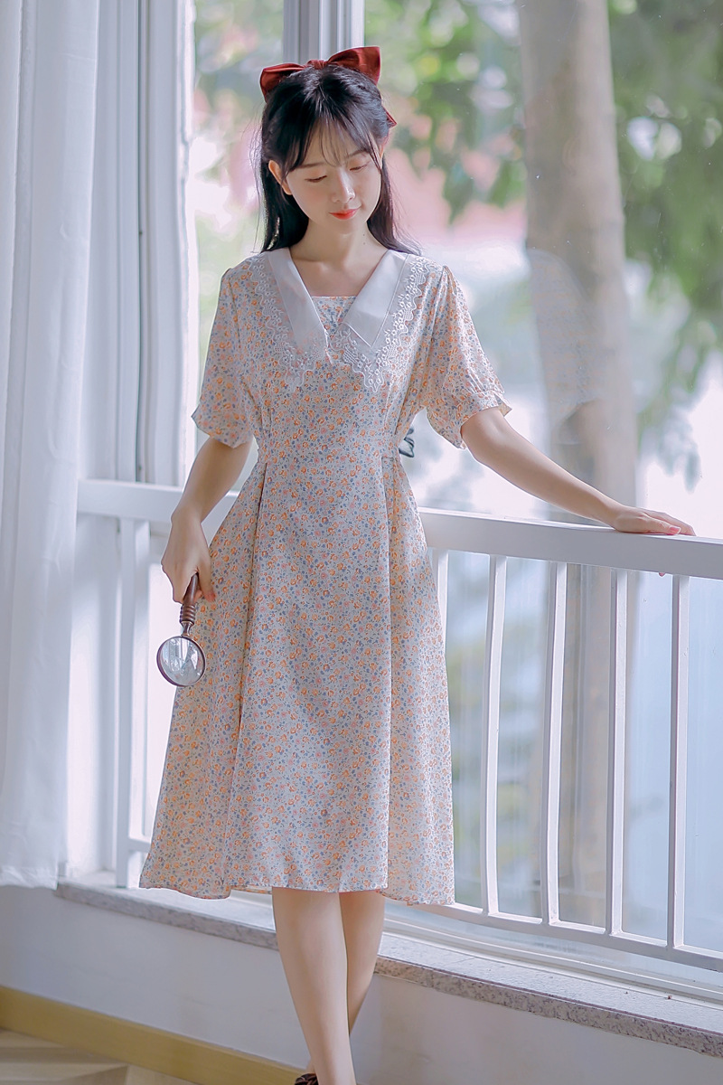 9908#不低于109现货实拍夏季甜美娃娃领过膝收腰显瘦碎花连衣裙