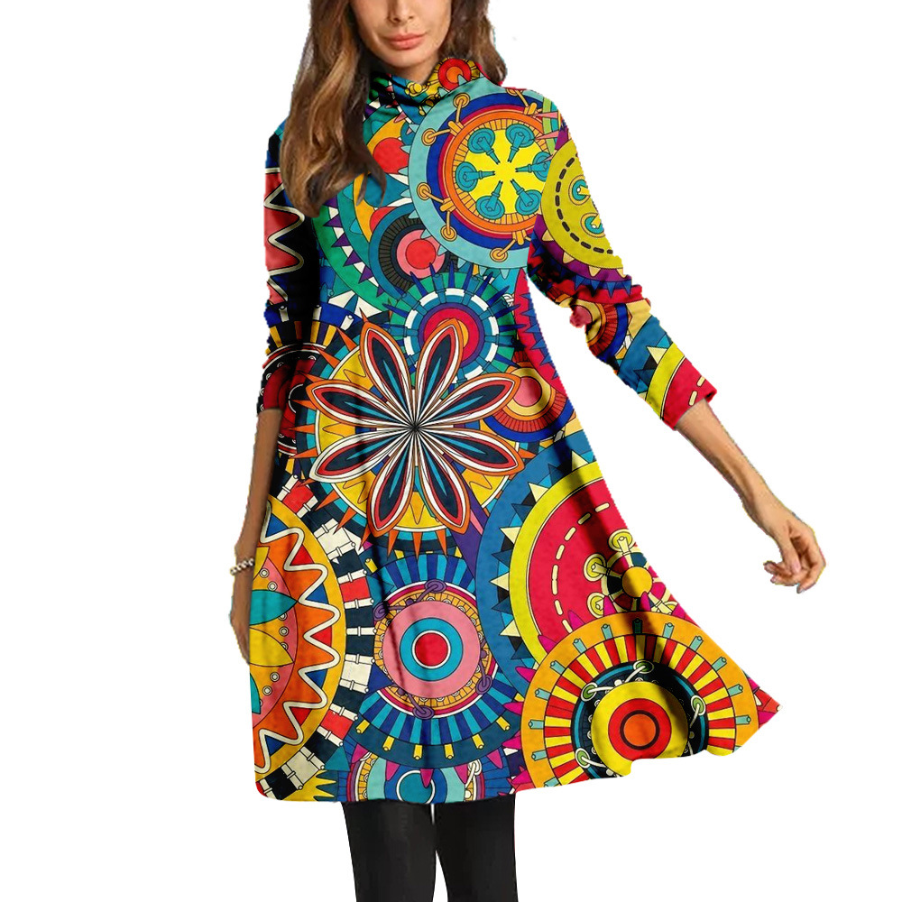 新款跨境外贸欧美女装休闲宽松高领中长款连衣裙波西米亚印花图案