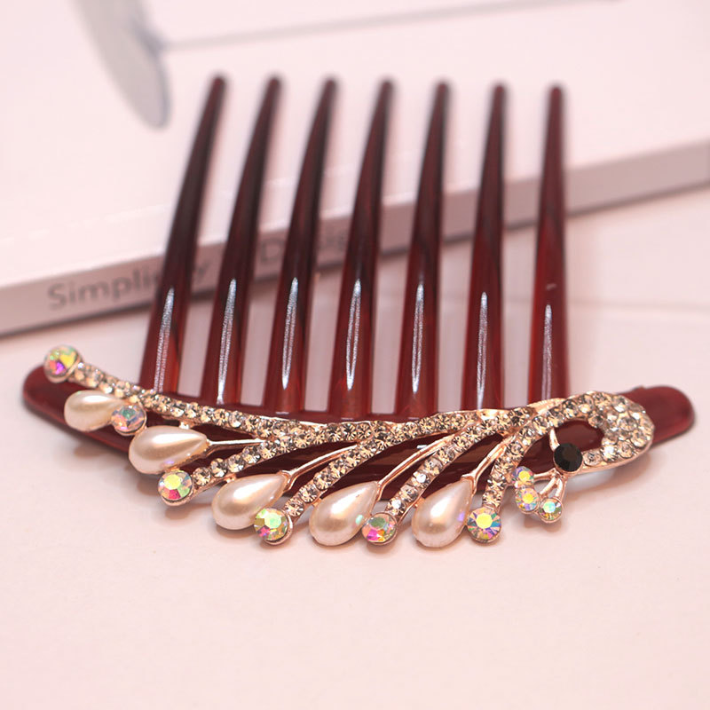 Peacock Hair Comb Korean Pearl Seven-Tooth Hair Comb Updo Rhinestone Women's Back Head Hair Clasp Hair Accessories Headdress Wholesale