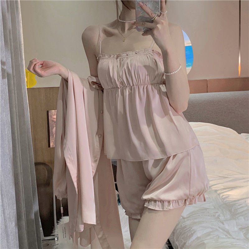睡衣女春夏法式小性感吊带睡衣套装舒适休闲网红睡袍家居服三件套