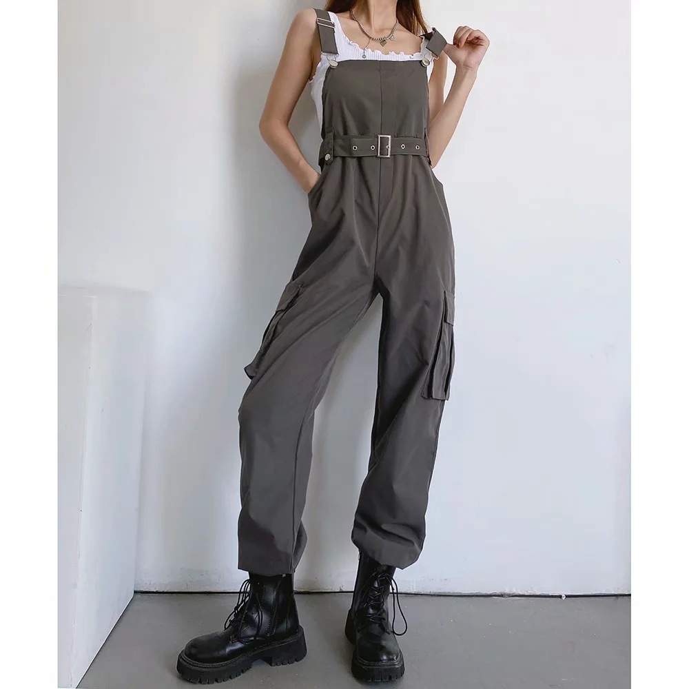 2021秋季欧美复古高腰直筒宽松工装背带裤减龄连体阔腿束脚长裤女