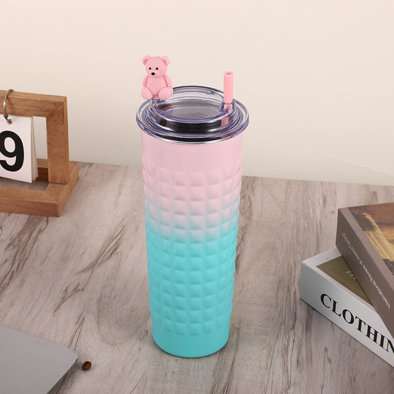 Cross-Border Gradient Color Stainless Steel Thermos Cup Durian Cup Cartoon Children's Straw Cup Transparency Cover Coffee Cup Tumbler