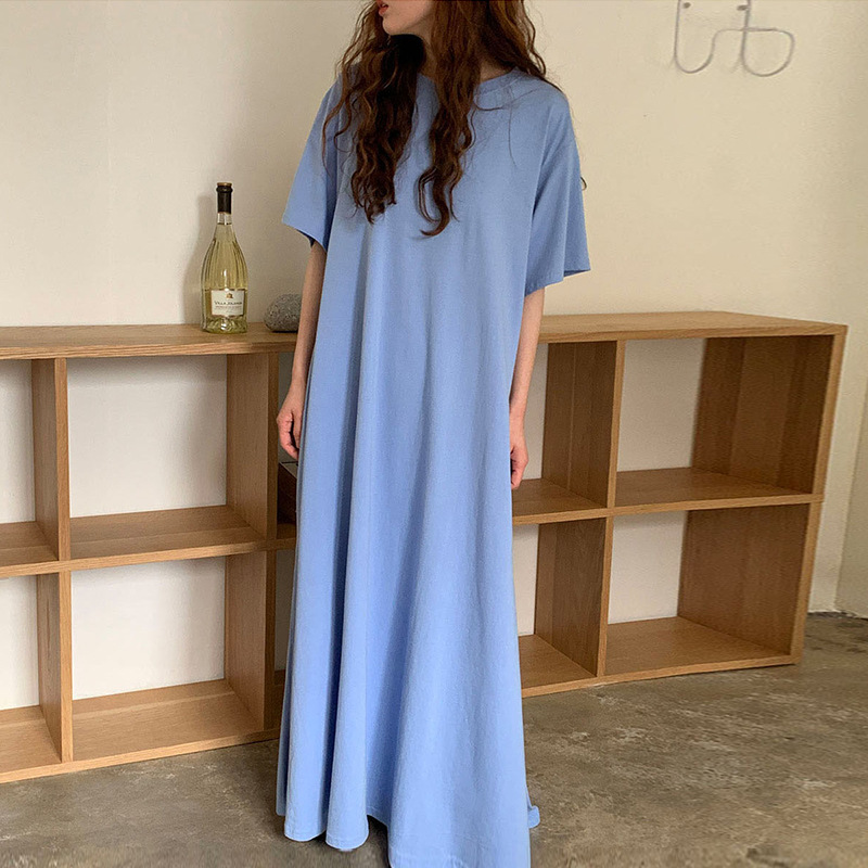 气质慵懒风蓝色连衣裙女夏季法式简约风宽松休闲纯色t恤裙长裙子