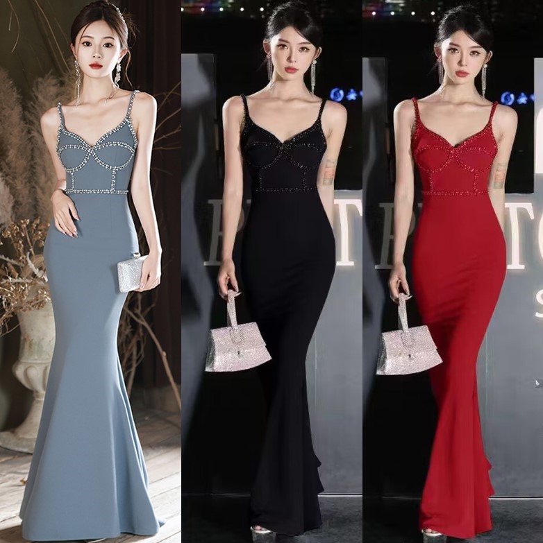 高端晚礼服女2024新款名媛性感吊带鱼尾主持人连衣裙高级感蓝灰色